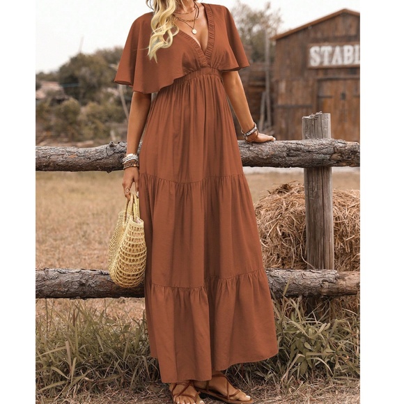 Boho Rust V neck Butterfly Sleeve Stretchy Waist Maxi Dress - Picture 10 of 11